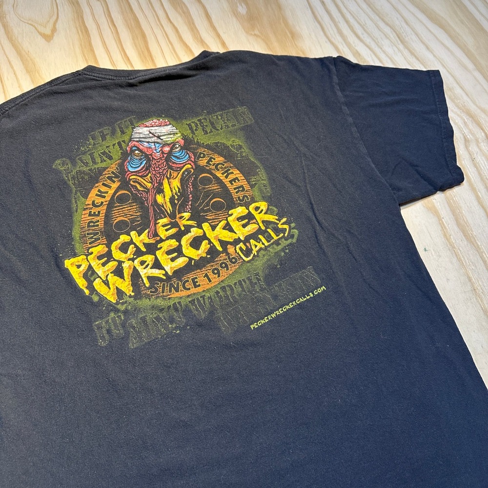 Pecker Wrecker Calls Mens XL Black Graphic T-Shirt Turkey Hunting Short Sleeve